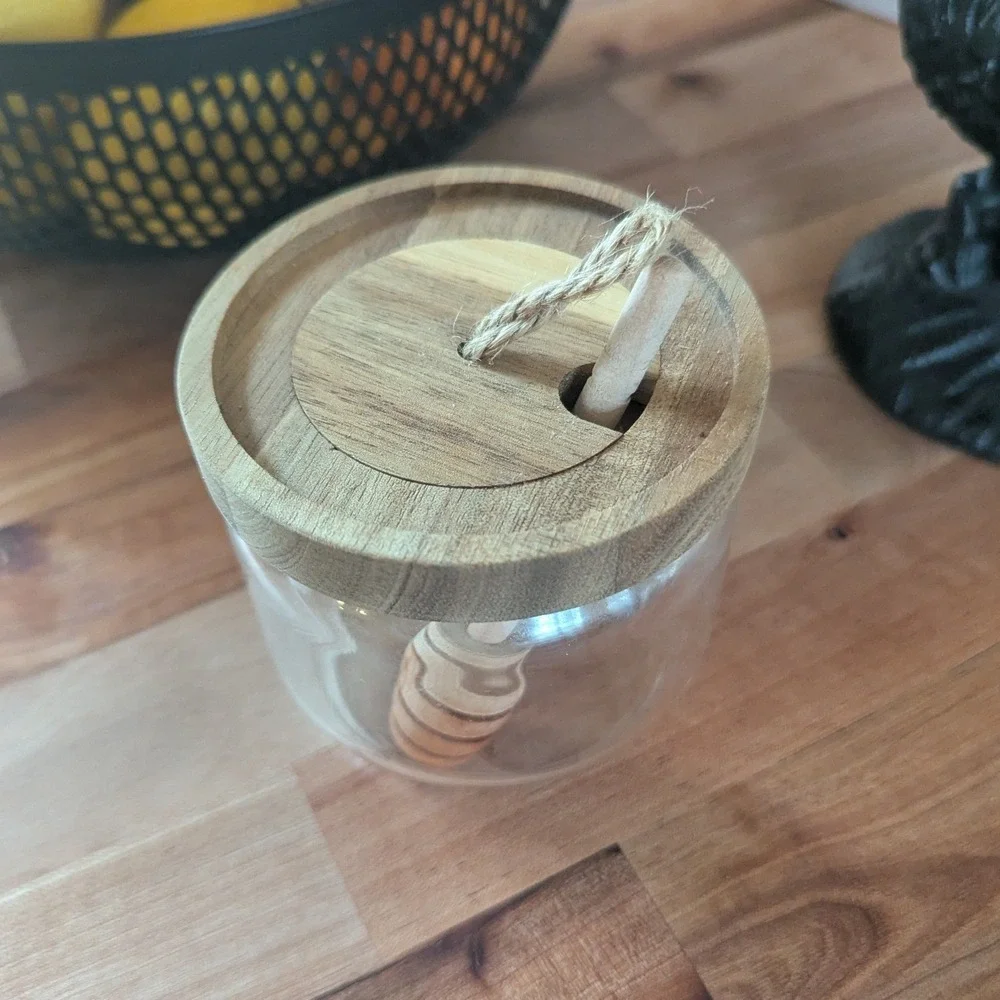 Glass Honey Jar with Wooden Lid and Dipper Farmhouse Kitchen‎ Storage